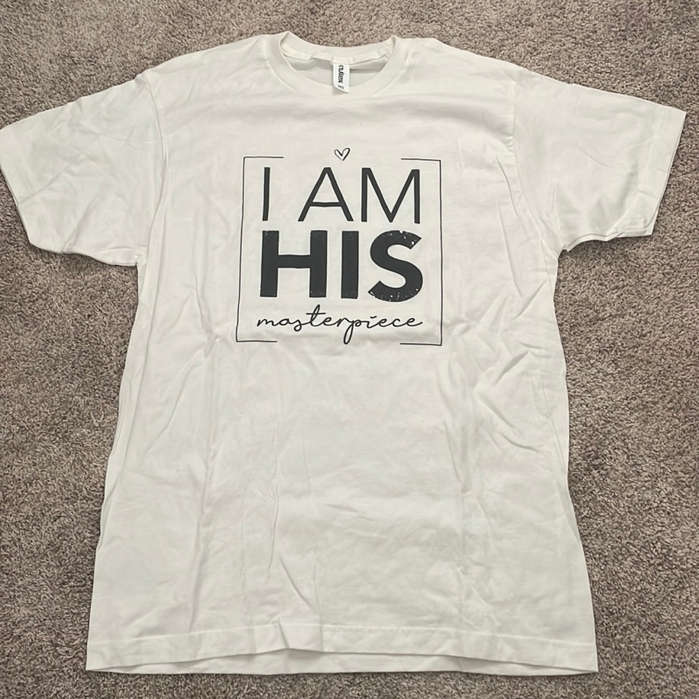 NWOT I Am His Masterpiece Cream Screen Print Large Tullex T-Shirt Christian